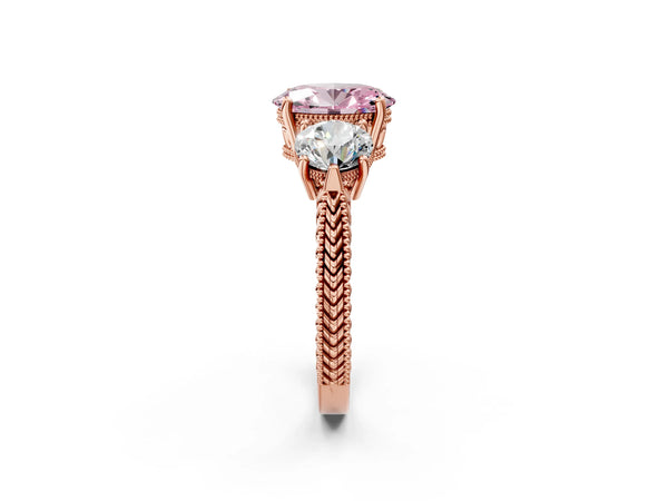 Rose Gold Oval Vintage Three Stone Engagement Ring Setting for Fancy Pink Center