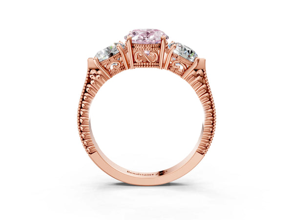 Rose Gold Oval Vintage Three Stone Engagement Ring Setting for Fancy Pink Center