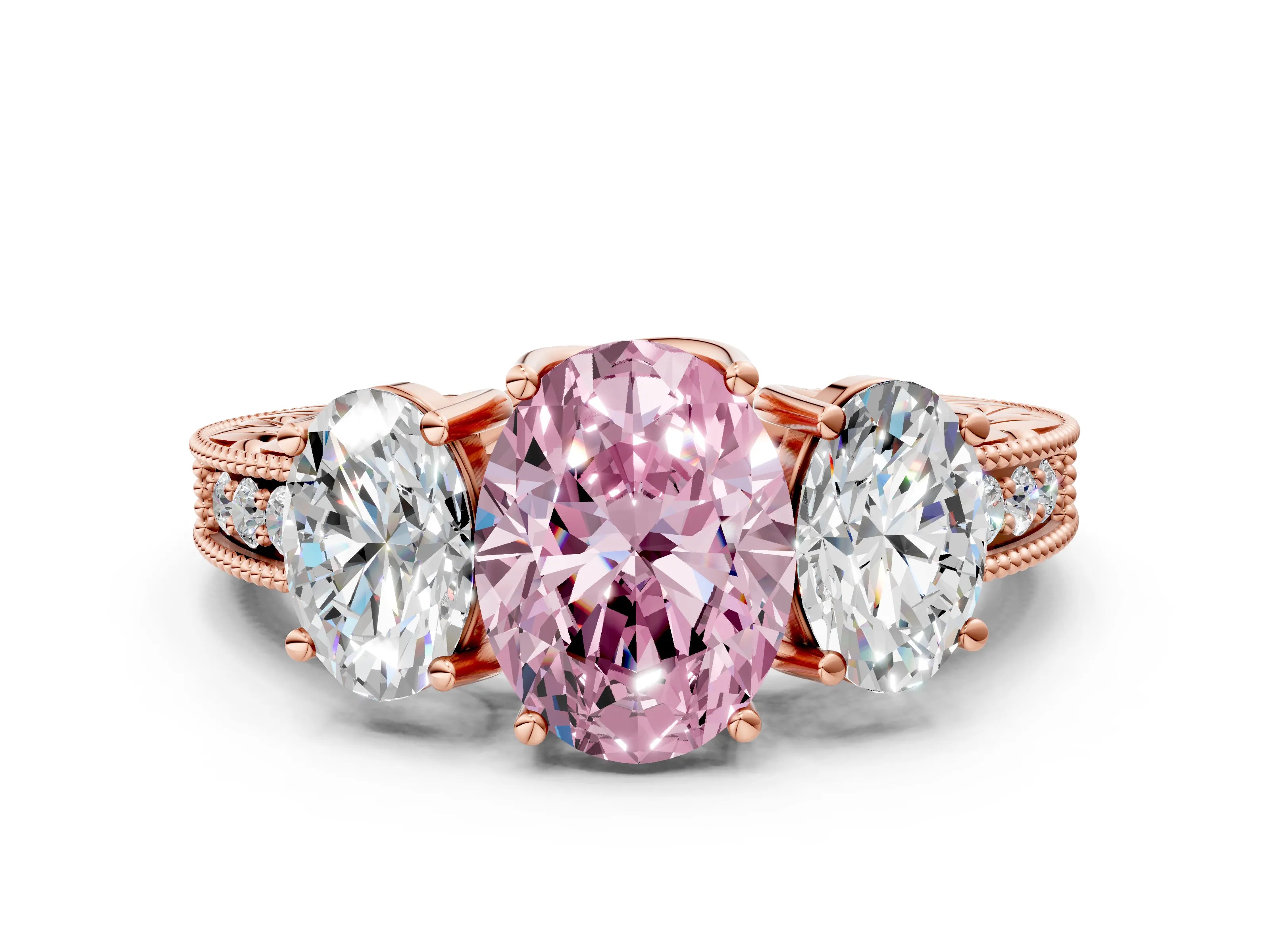 Rose gold Three-Stone Fancy Pink Oval Cut Cut Milgrain Pavé Engagement Ring