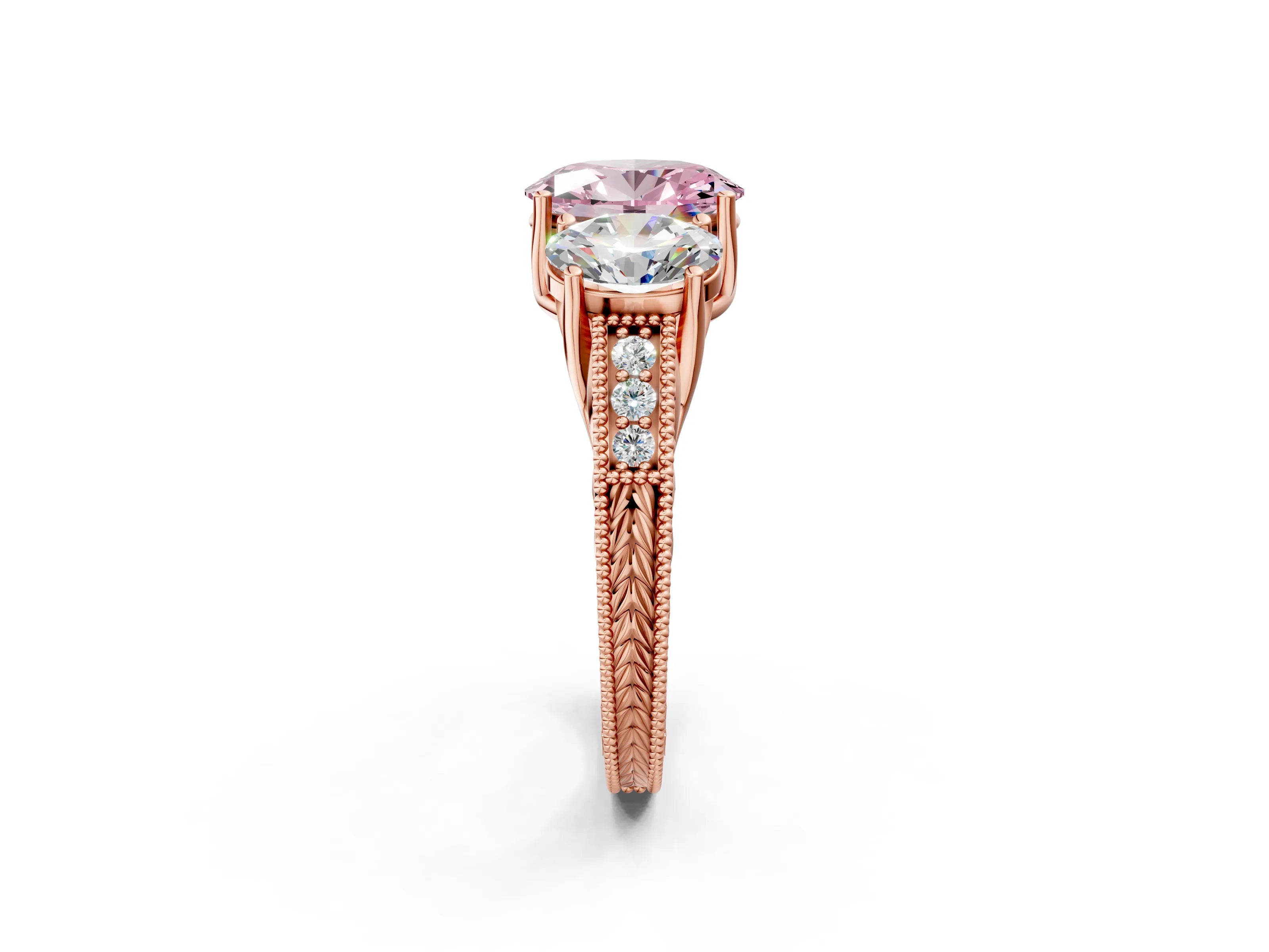 Rose gold Three-Stone Fancy Pink Oval Cut Cut Milgrain Pavé Engagement Ring_14