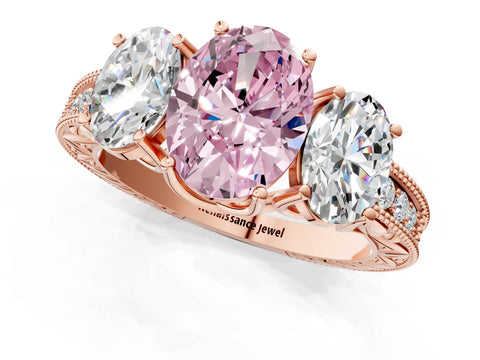 Rose gold Three-Stone Fancy Pink Oval Cut Cut Milgrain Pavé Engagement Ring_1