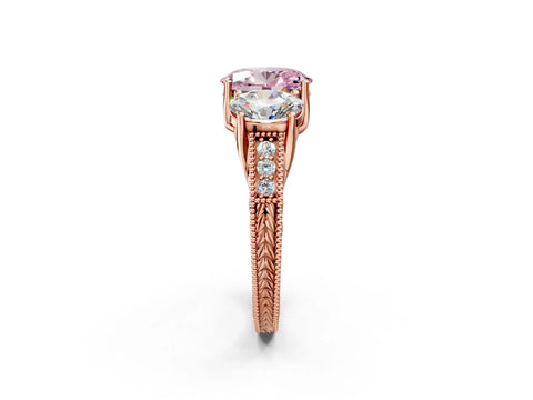 Rose gold Three-Stone Fancy Pink Oval Cut Cut Milgrain Pavé Engagement Ring_2
