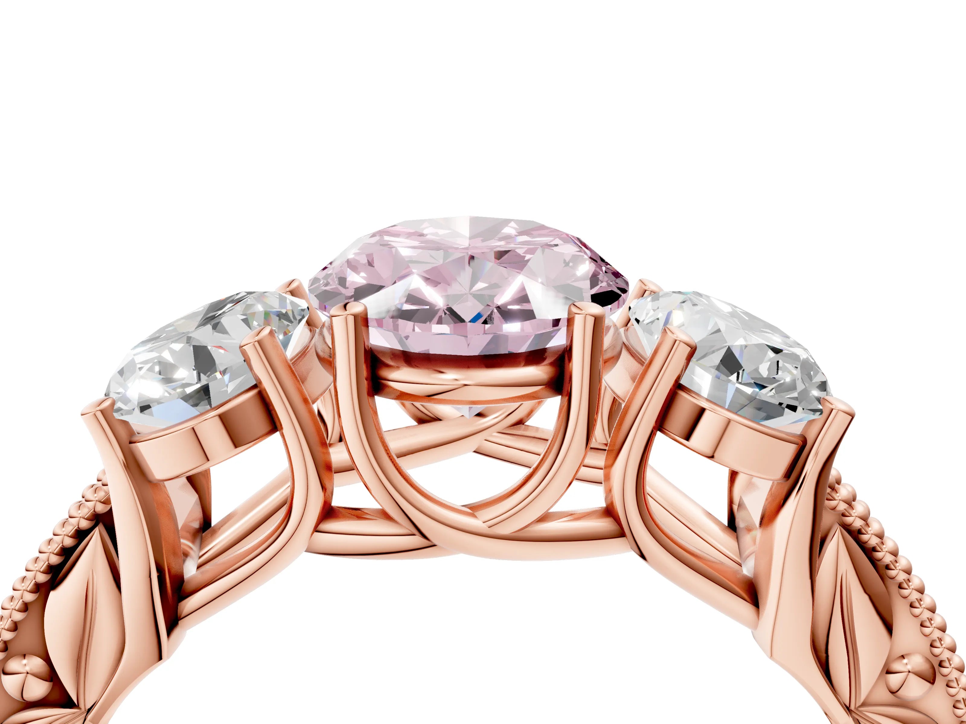 Rose gold Three-Stone Fancy Pink Oval Cut Cut Milgrain Pavé Engagement Ring_4