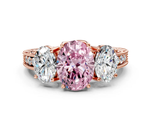 Rose gold Three-Stone Fancy Pink Oval Cut Cut Milgrain Pavé Engagement Ring