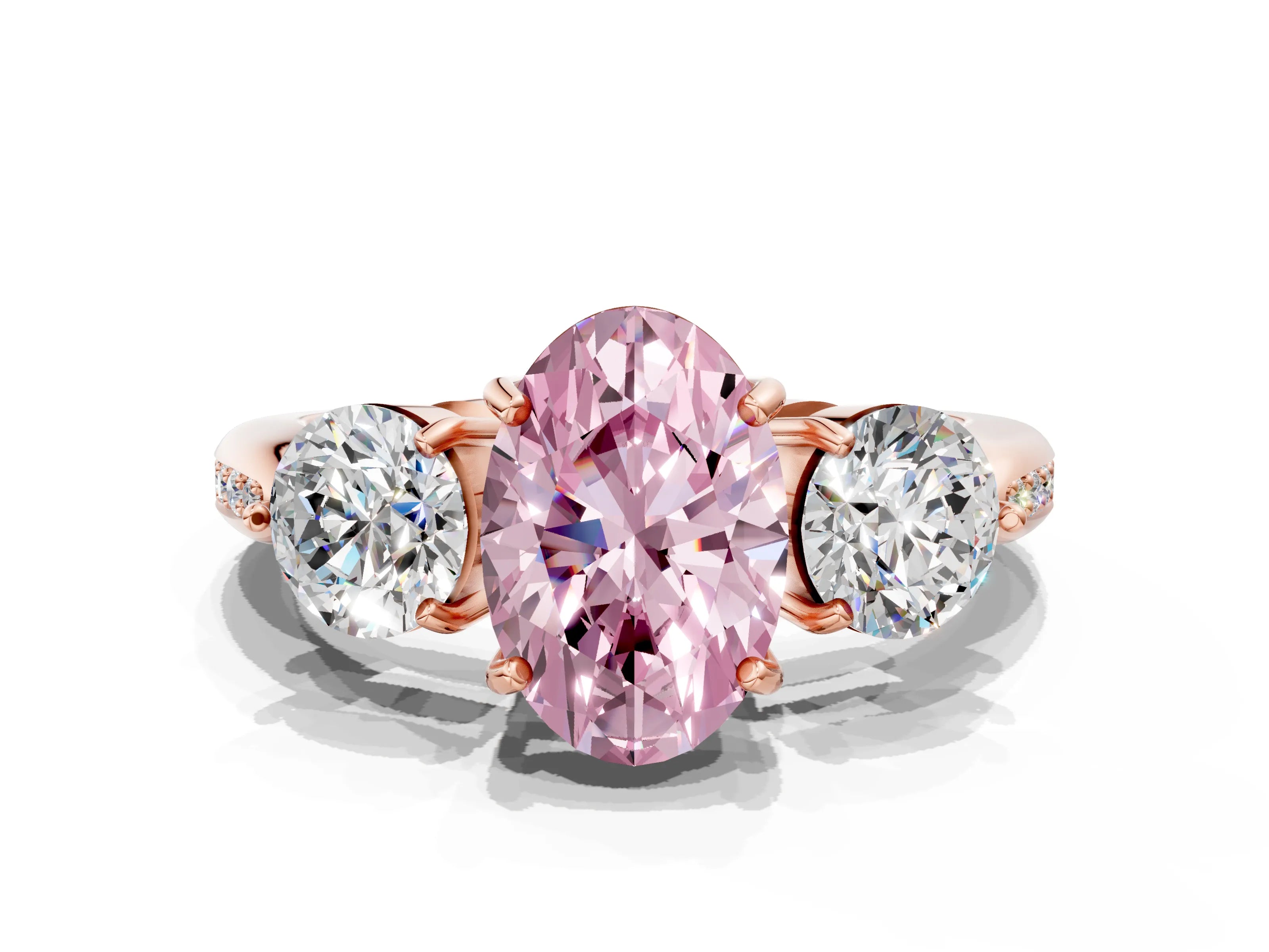 Rose gold Three-Stone Fancy Pink Oval Cut Diamond Channel Set Engagement Ring with Prong Setting