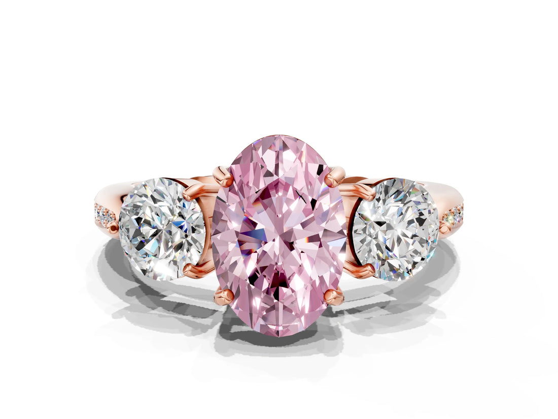 Rose gold Three-Stone Fancy Pink Oval Cut Diamond Channel Set Engagement Ring with Prong Setting
