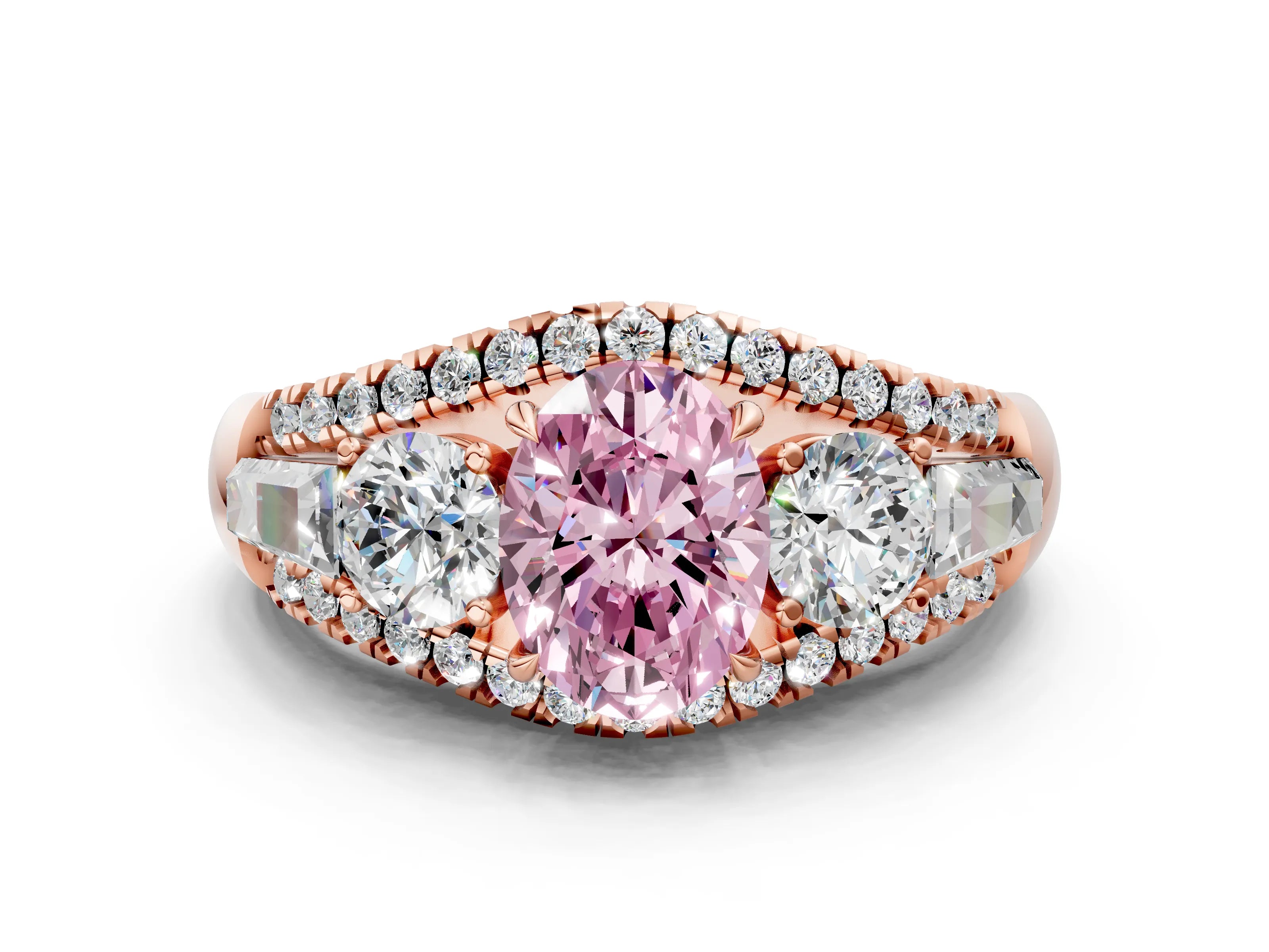 Rose gold Three-Stone Fancy Pink Oval Cut Diamond Engagement Ring with Pave Band and Prong Setting