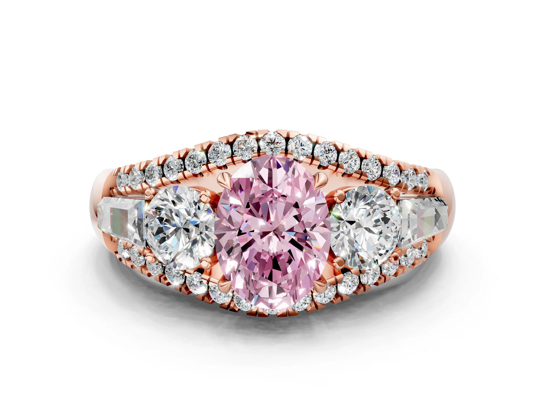 Rose gold Three-Stone Fancy Pink Oval Cut Diamond Engagement Ring with Pave Band and Prong Setting