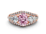 Rose gold Three-Stone Fancy Pink Oval Cut Diamond Engagement Ring with Pave Band and Prong Setting
