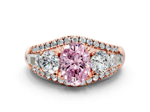 Rose gold Three-Stone Fancy Pink Oval Cut Diamond Engagement Ring with Pave Band and Prong Setting