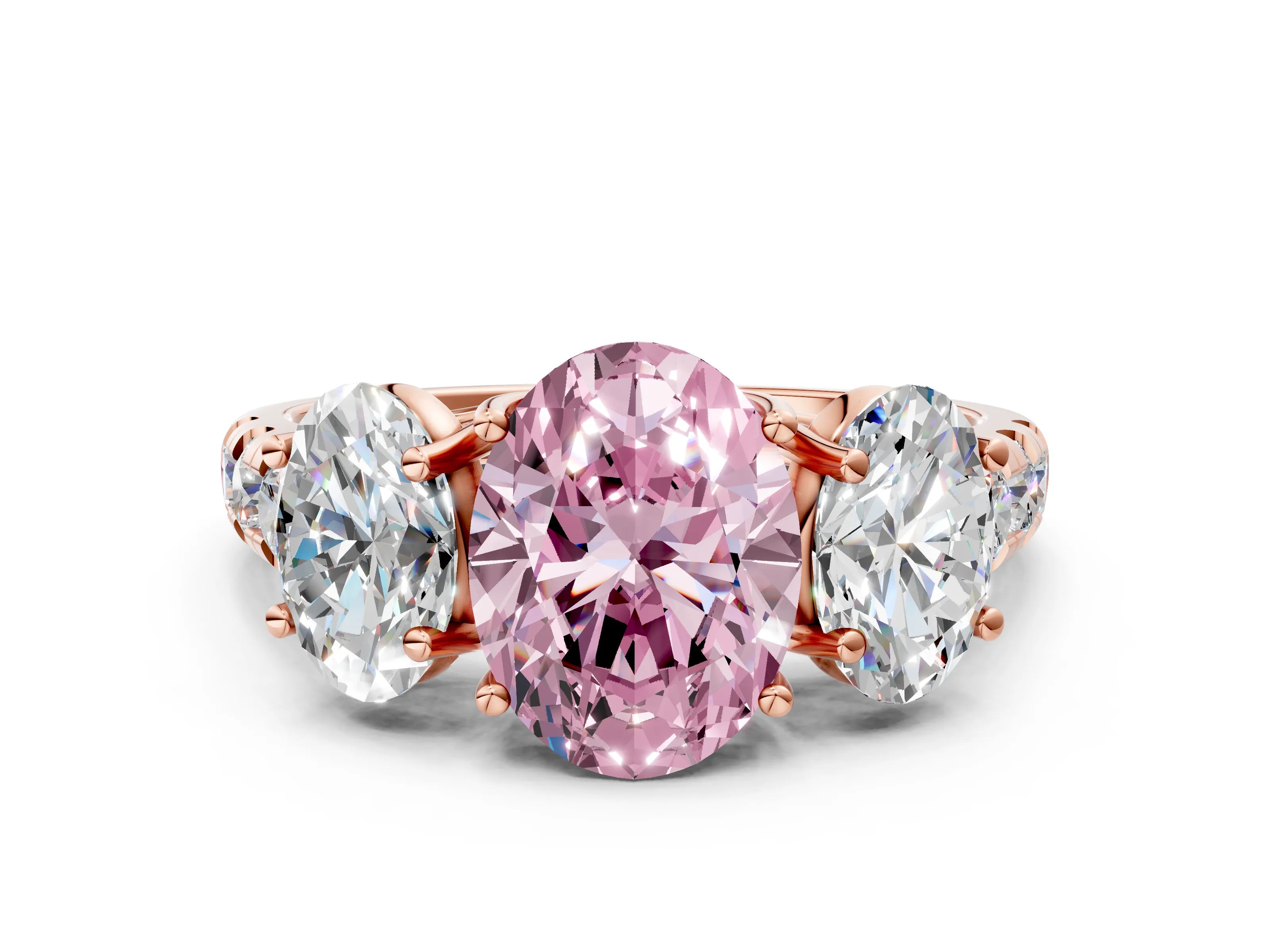 Rose gold Three-Stone Fancy Pink Oval Cut Diamond Pavé Band with Prong Setting