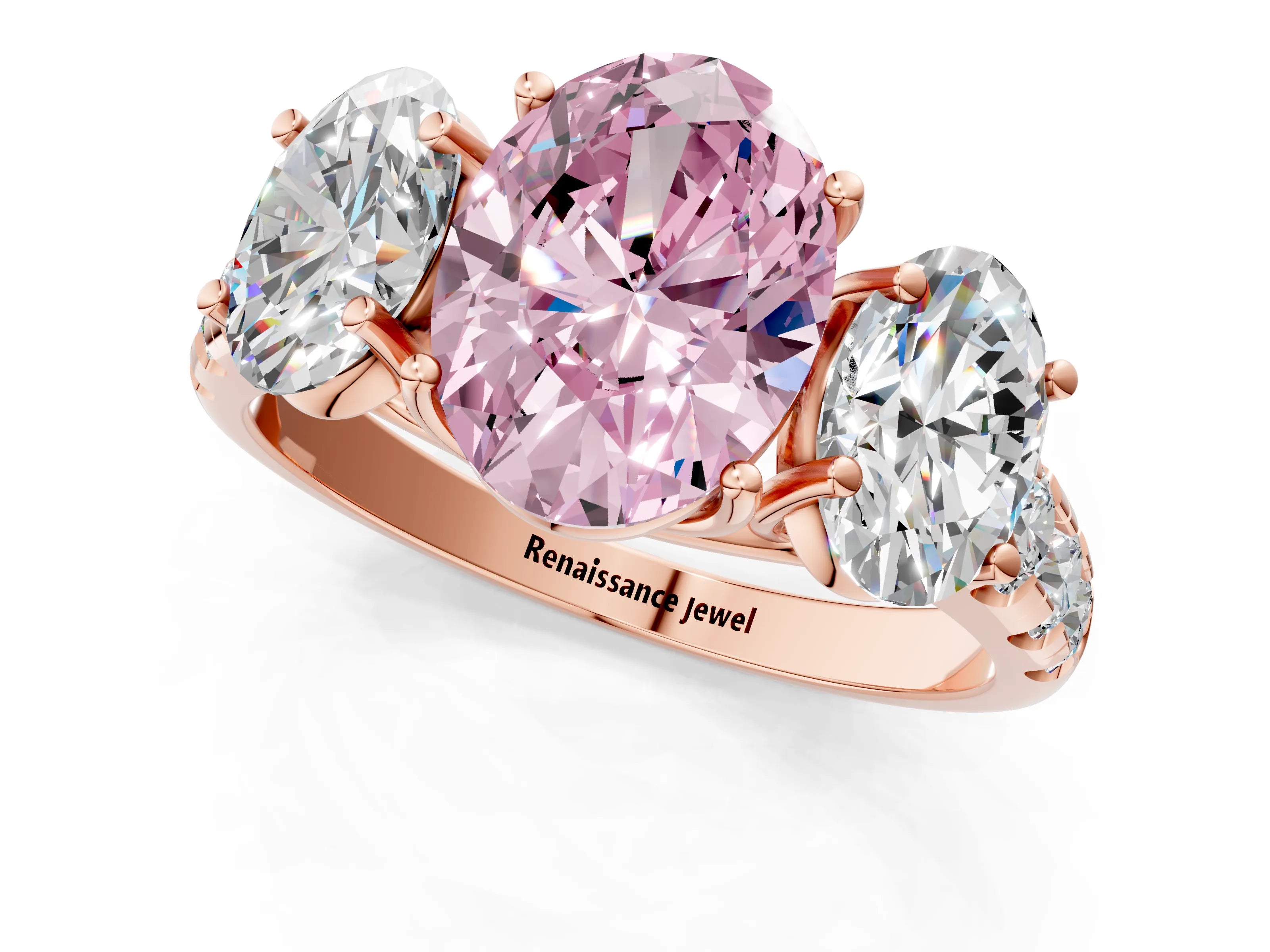 Rose gold Three-Stone Fancy Pink Oval Cut Diamond Pavé Band with Prong Setting_1