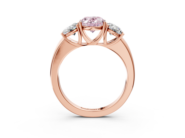 Rose gold Fancy Pink Oval Cut Diamond Three-Stone Ring with Four-Prong Setting and Classic Band