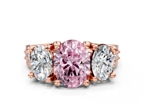 Rose gold Fancy Pink Oval Cut Diamond Three-Stone Ring with Channel Set Band and Four-Prong Setting