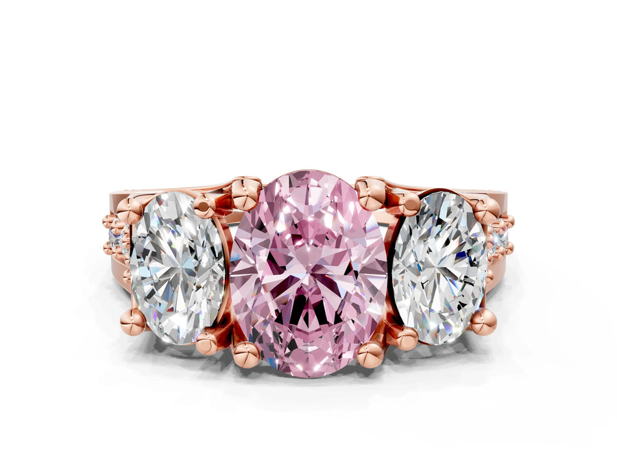 Rose gold Fancy Pink Oval Cut Diamond Three-Stone Ring with Channel Set Band and Four-Prong Setting