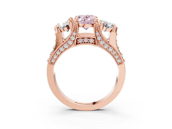 Rose gold Fancy Pink Oval Cut Diamond Three-Stone Ring with Channel Set Band and Four-Prong Setting