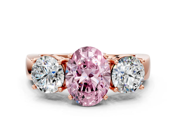 Rose gold Three-Stone Fancy Pink Oval Cut Diamond Ring with Round Side Stones, Classic Band, and Four-Prong Setting