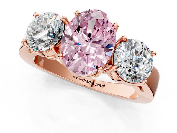 Rose gold Three-Stone Fancy Pink Oval Cut Diamond Ring with Round Side Stones, Classic Band, and Four-Prong Setting