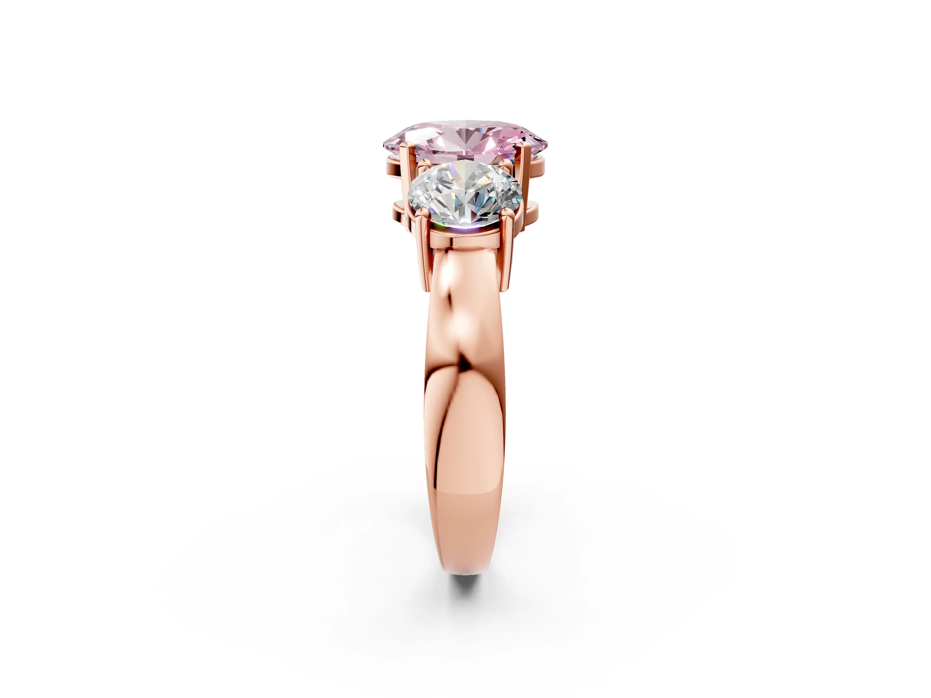 Rose gold Three-Stone Fancy Pink Oval Cut Diamond Ring with Round Side Stones, Classic Band, and Four-Prong Setting_2