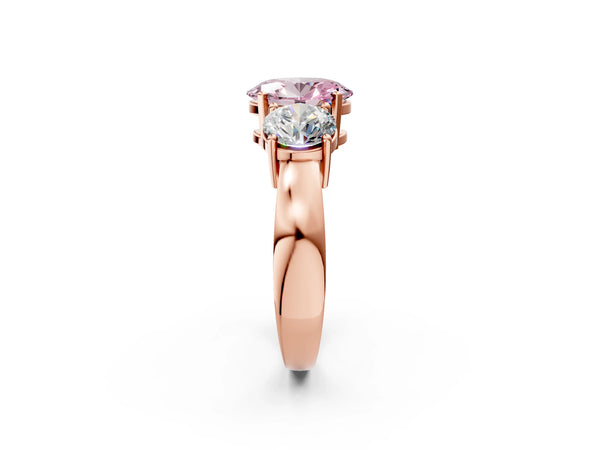 Rose gold Three-Stone Fancy Pink Oval Cut Diamond Ring with Round Side Stones, Classic Band, and Four-Prong Setting