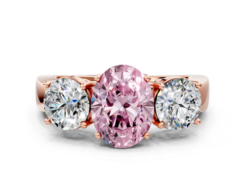 Rose gold Three-Stone Fancy Pink Oval Cut Diamond Ring with Round Side Stones, Classic Band, and Four-Prong Setting