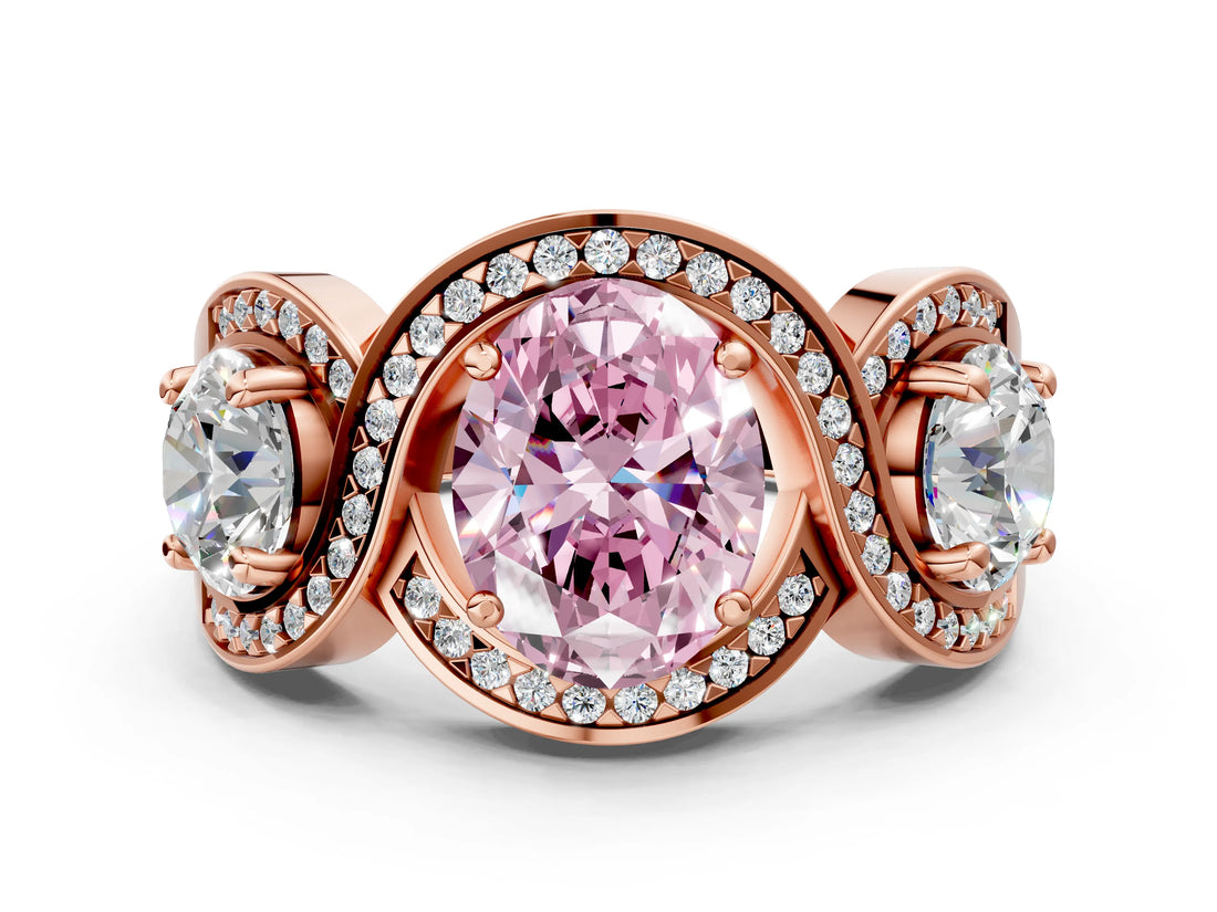 Rose gold Three-Stone Fancy Pink Oval Cut Diamond Wave Pave Band with Prong Setting