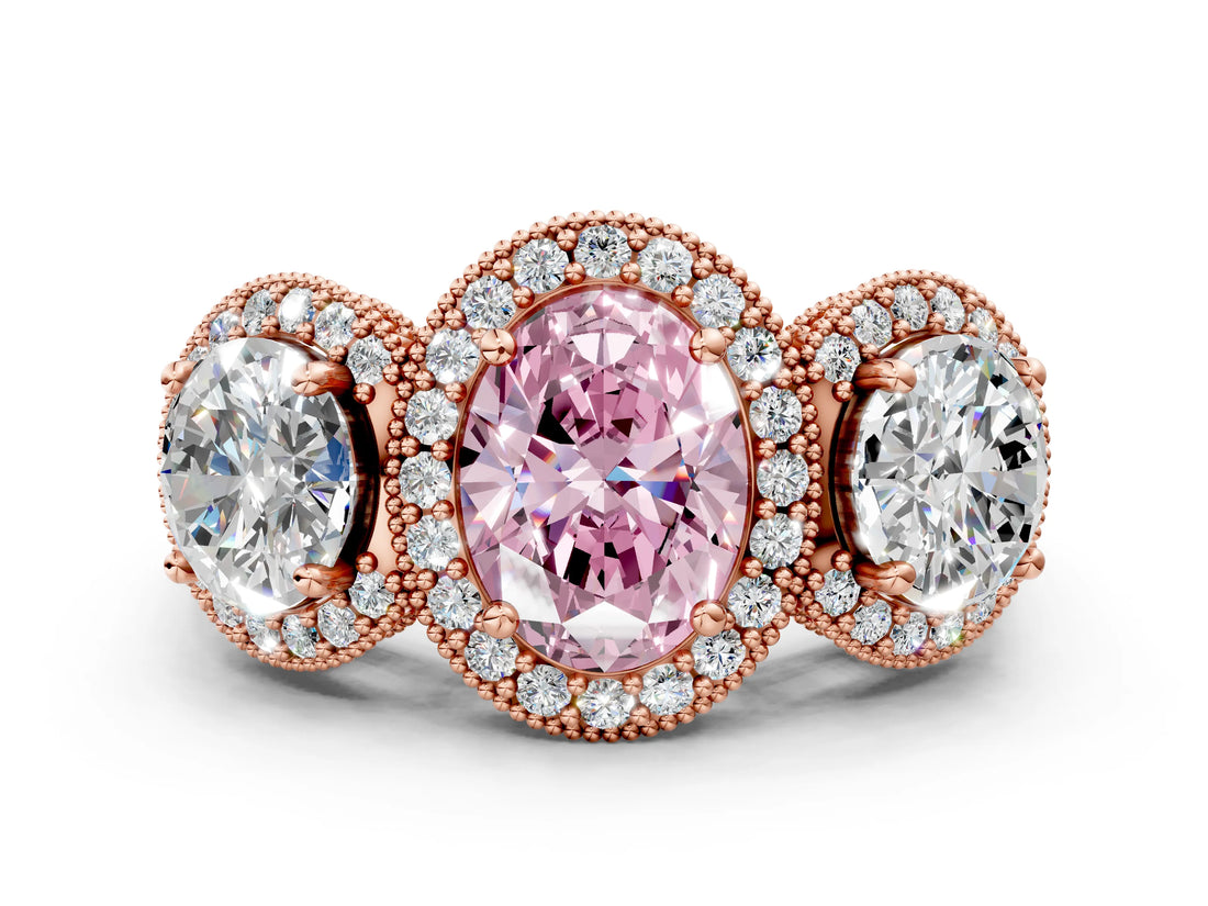 Rose gold Three-Stone Fancy Pink Oval Cut Halo Diamond Milgrain Band with Four-Prong Setting