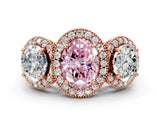 Rose gold Three-Stone Fancy Pink Oval Cut Halo Diamond Milgrain Band with Four-Prong Setting