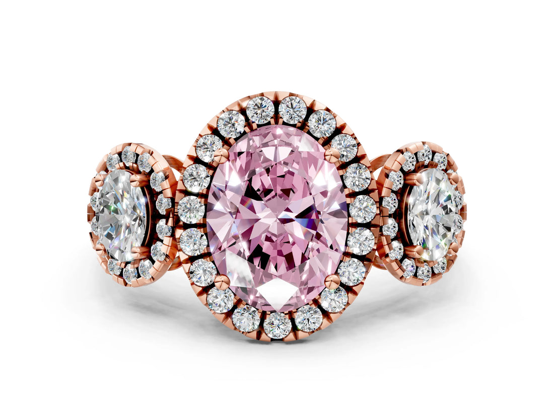 Rose gold Three-Stone Fancy Pink Oval Cut Halo Diamond Ring with Pave Band and Four-Prong Setting