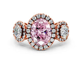 Rose gold Three-Stone Fancy Pink Oval Cut Halo Diamond Ring with Pave Band and Four-Prong Setting