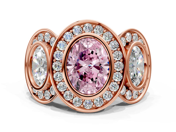Rose gold Three-Stone Fancy Pink Oval Cut Halo Pavé Diamond Ring