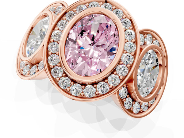 Rose gold Three-Stone Fancy Pink Oval Cut Halo Pavé Diamond Ring