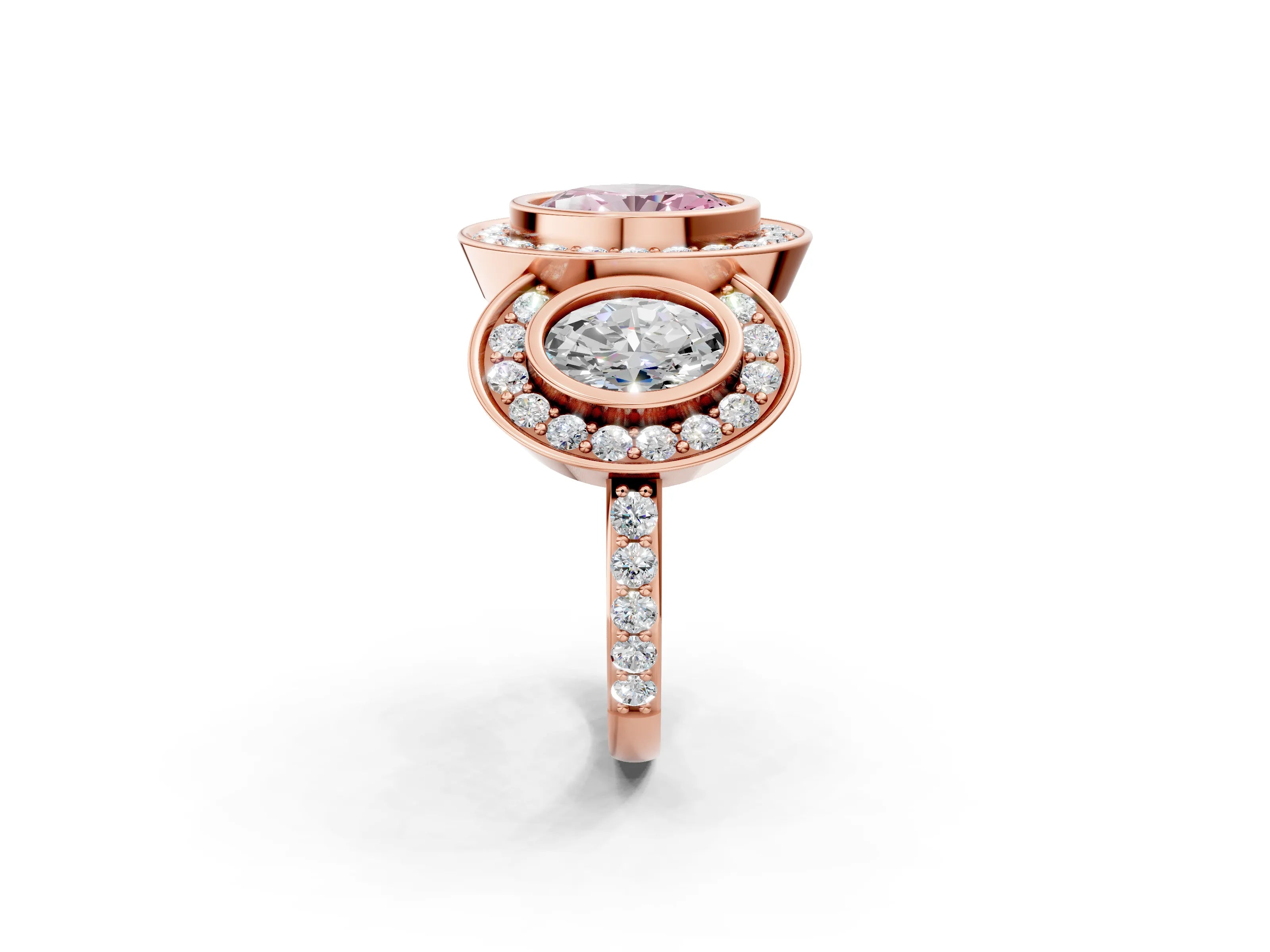 Rose gold Three-Stone Fancy Pink Oval Cut Halo Pavé Diamond Ring_2