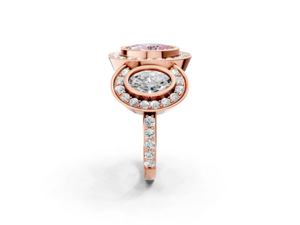 Rose gold Three-Stone Fancy Pink Oval Cut Halo Pavé Diamond Ring
