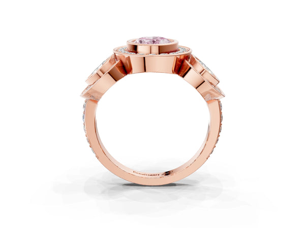 Rose gold Three-Stone Fancy Pink Oval Cut Halo Pavé Diamond Ring