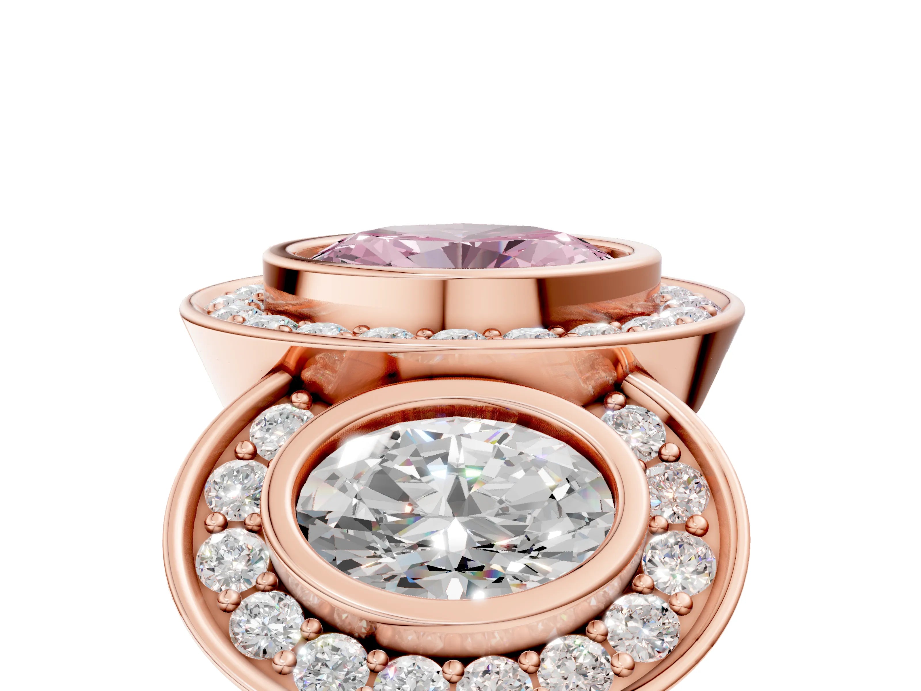 Rose gold Three-Stone Fancy Pink Oval Cut Halo Pavé Diamond Ring_5