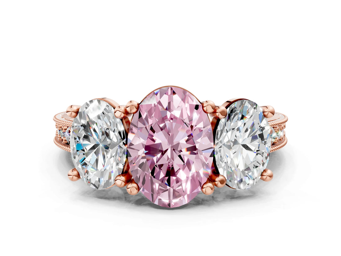 Rose gold Three-Stone Fancy Pink Oval  Diamond Milgrain Pave Band with Prong Setting