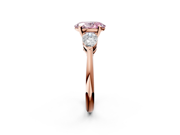 Rose gold Three-Stone Fancy Pink Oval Cut Diamond Ring with Pear Side Stones and Four-Prong Setting