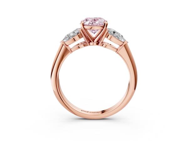 Rose gold Three-Stone Fancy Pink Oval Cut Diamond Ring with Pear Side Stones and Four-Prong Setting
