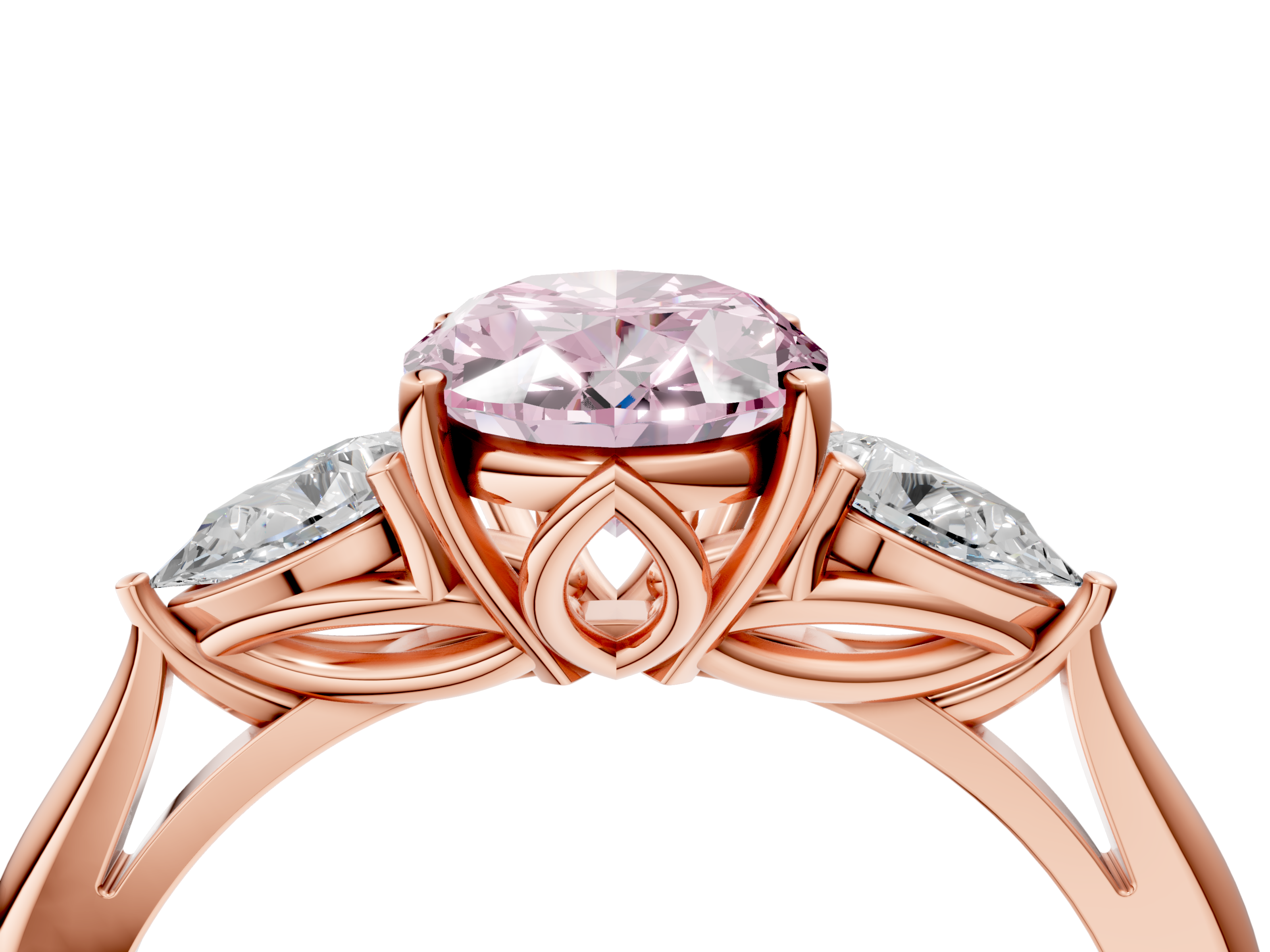 Rose gold Three-Stone Fancy Pink Oval  Diamond Solitaire Ring with Pear Side Stones and Four-Prong Setting_35