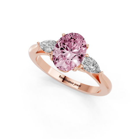 Rose gold Three-Stone Fancy Pink Oval  Diamond Solitaire Ring with Pear Side Stones and Four-Prong Setting_3