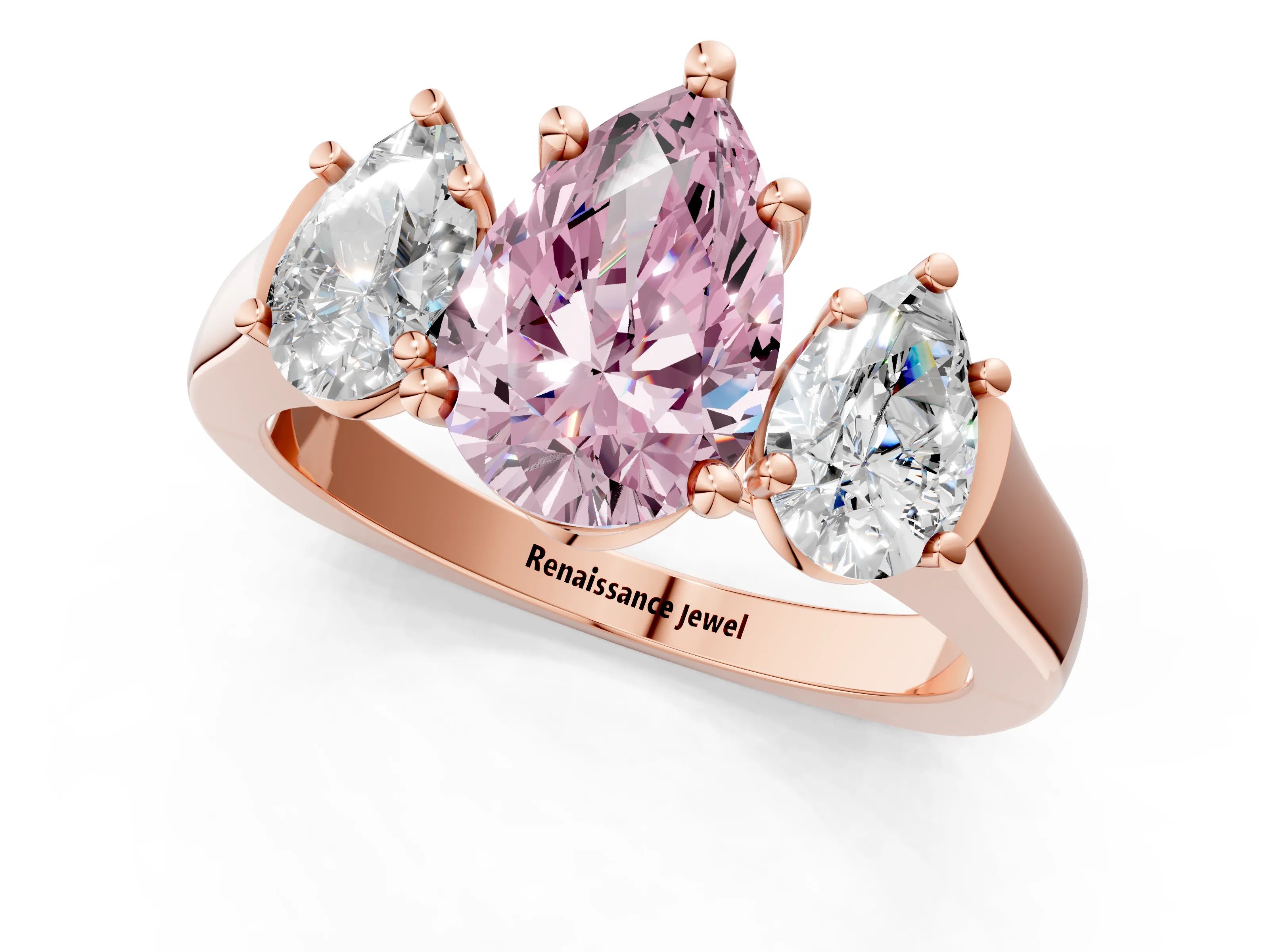 Rose gold Three-Stone Fancy Pink Pear Cut Brilliant Diamond Trellis Ring with Comfort Fit Band_1