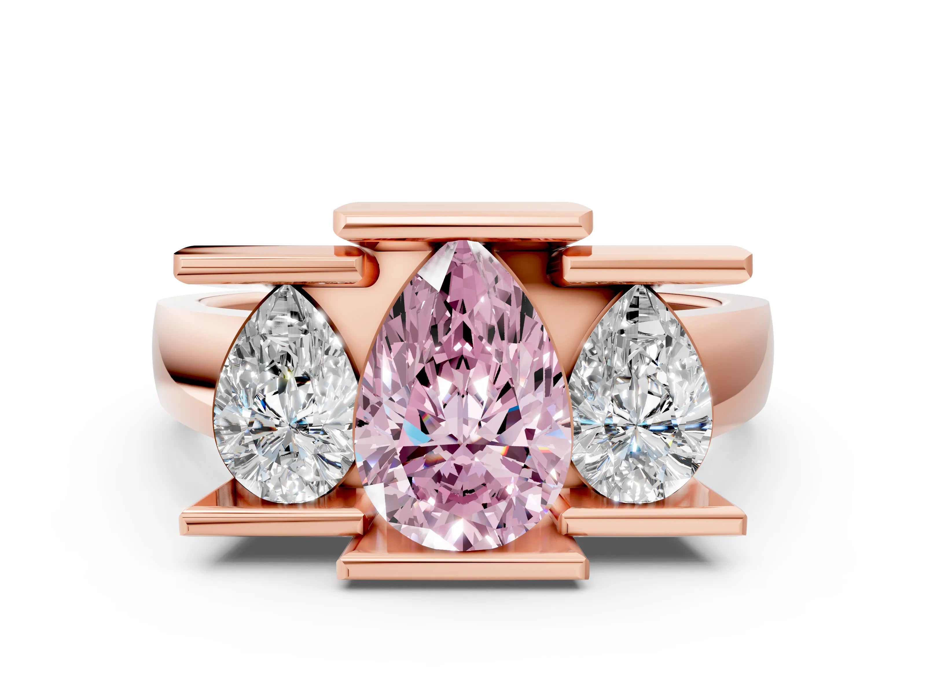 Rose gold Three Stone Fancy Pink Pear Cut Cut Channel Set Diamond Ring