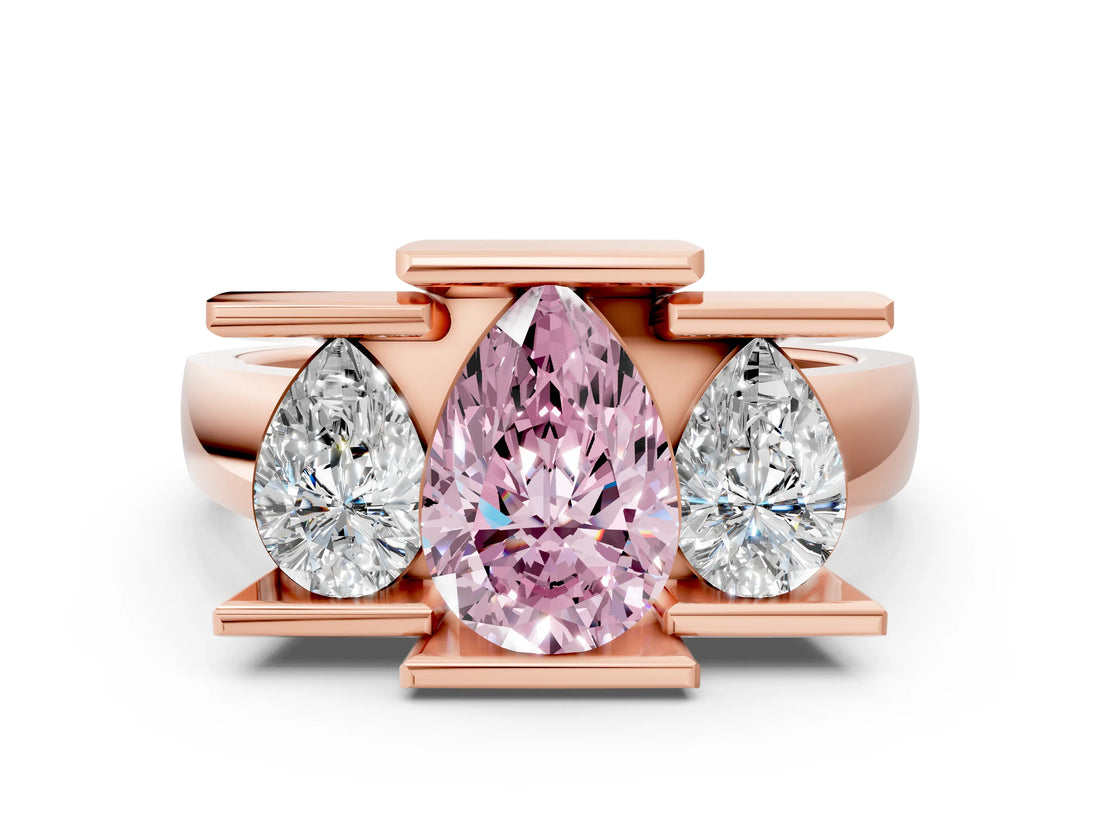 Rose gold Three Stone Fancy Pink Pear Cut Cut Channel Set Diamond Ring