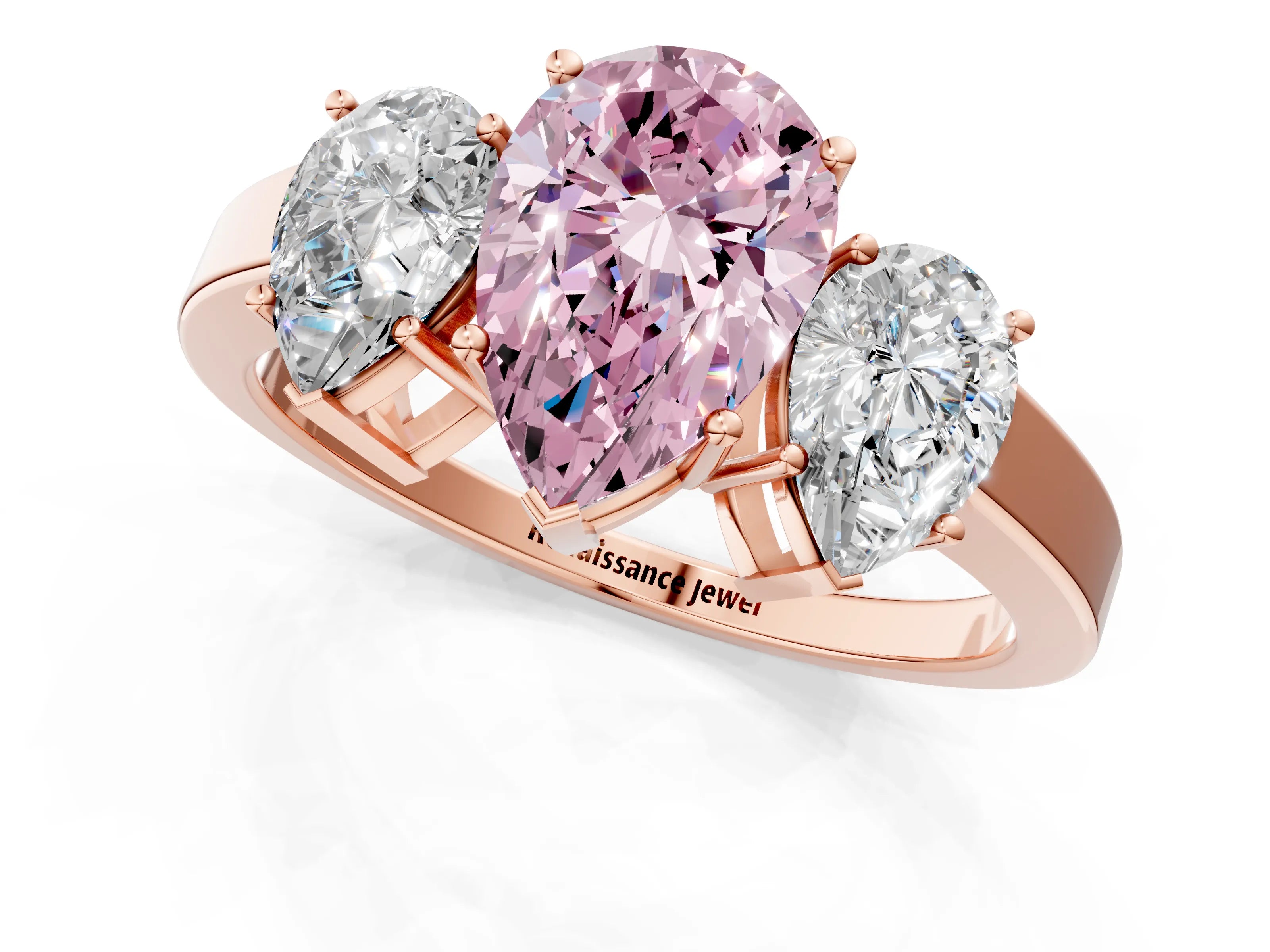 Rose gold Three-Stone Fancy Pink Pear Cut Cut Diamond Engagement Ring with Flat Band and Four-Prong Setting_1