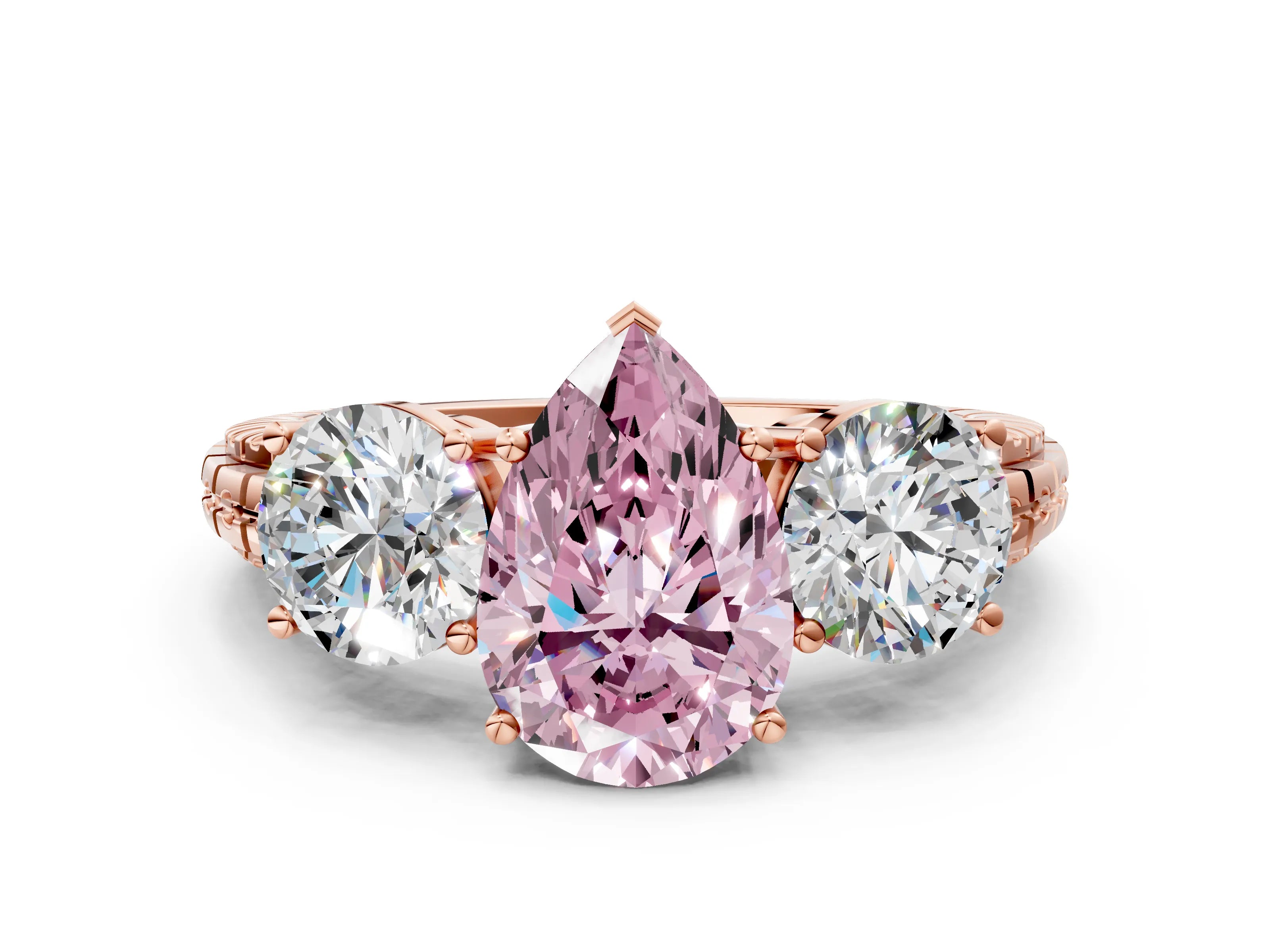 Rose gold Three-Stone Fancy Pink Pear Cut Cut Diamond Ring with Channel-Set Band and Prong Setting