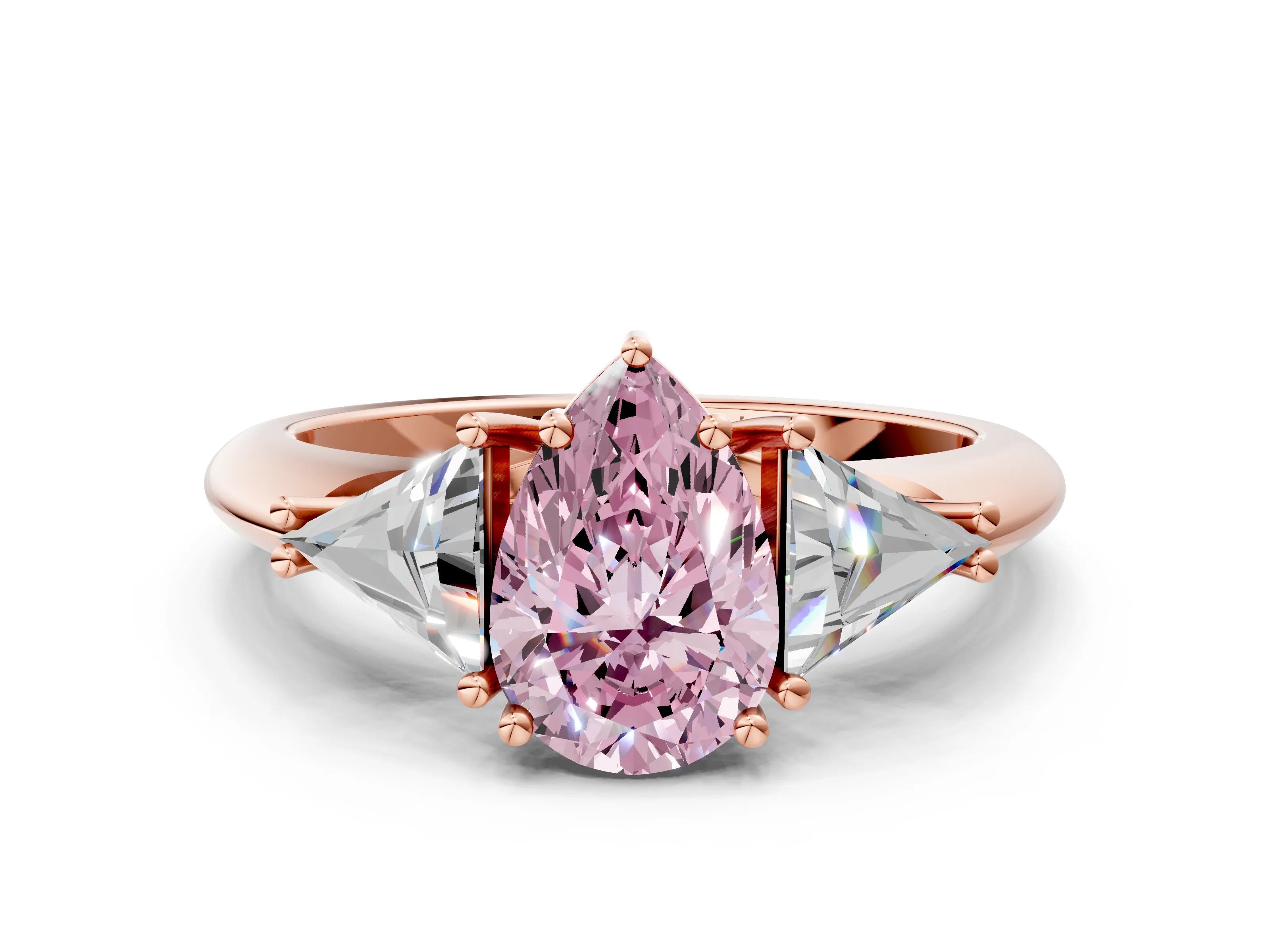 Rose gold Three-Stone Fancy Pink Pear Cut Cut Diamond Ring with Trillion Side Stones and Four-Prong Setting_3