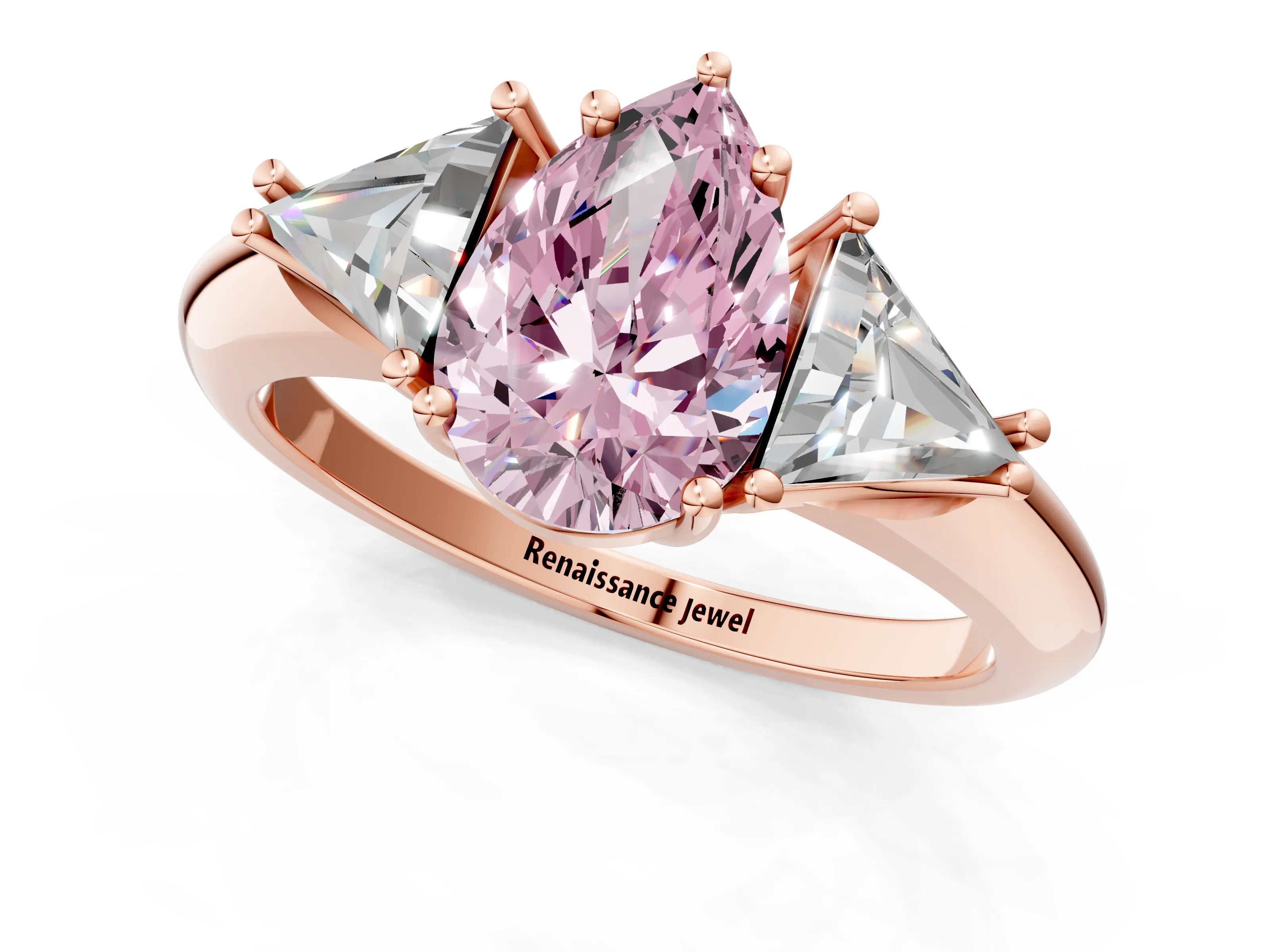 Rose gold Three-Stone Fancy Pink Pear Cut Cut Diamond Ring with Trillion Side Stones and Four-Prong Setting_4