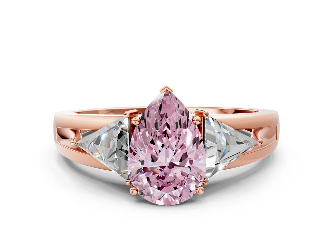 Rose gold Three-Stone Fancy Pink Pear Cut Cut Diamond Ring with Trillion Side Stones on a Split Shank Band