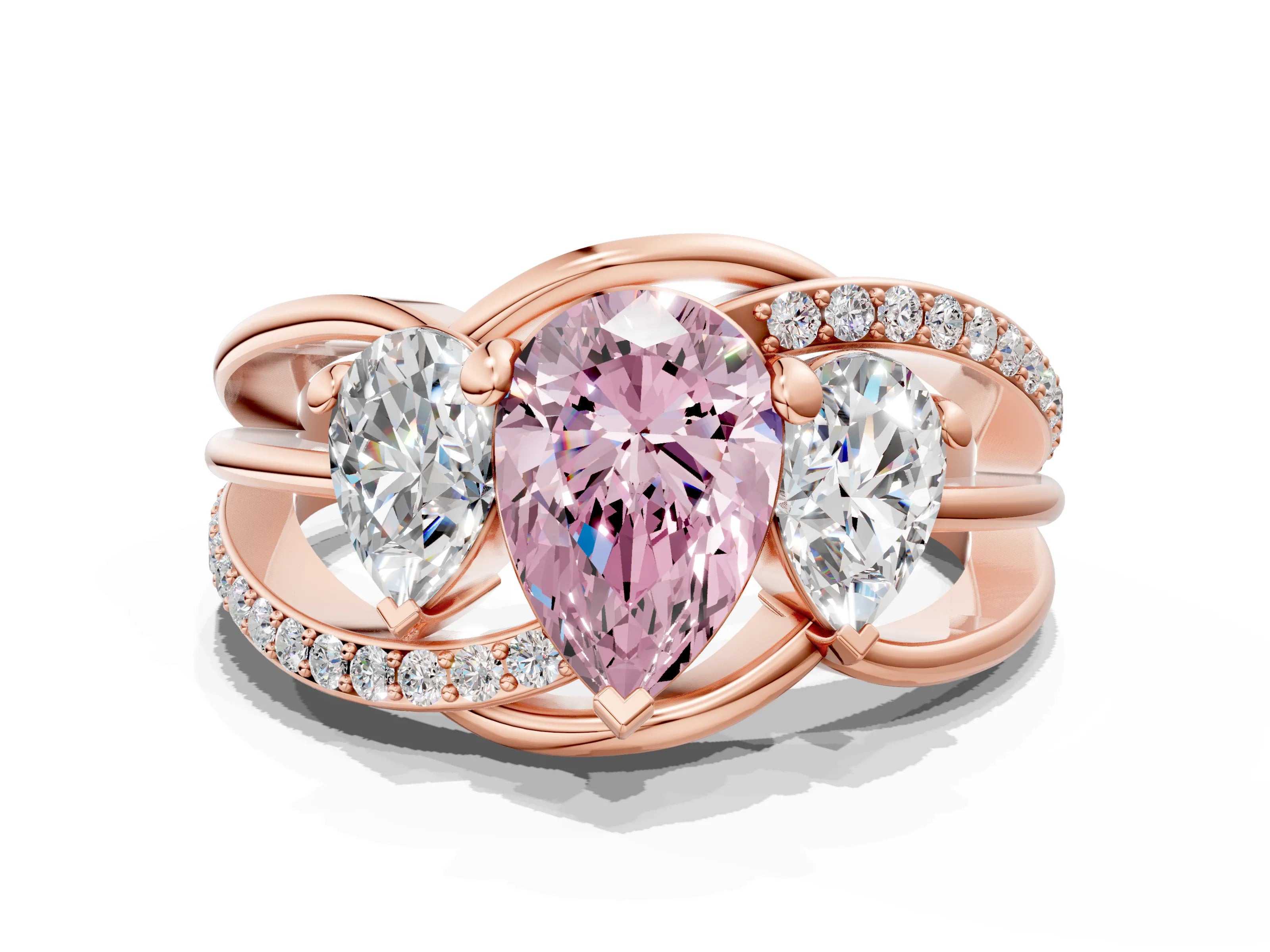 Rose gold Three-Stone Fancy Pink Pear Cut Cut Diamond Split Shank Prong Set Ring